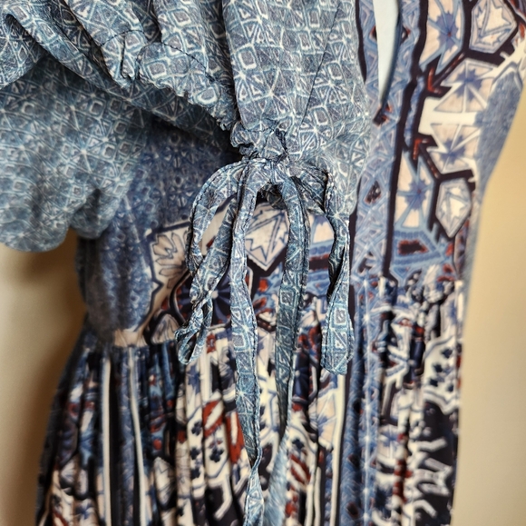 Free People Oksana Blue Print Mini Dress Sheer Sleeves Size 0 - Picture 5 of 12
